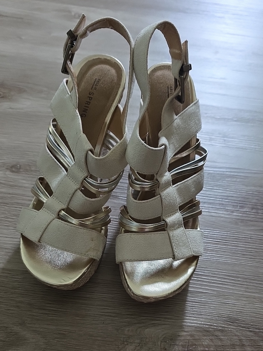 Call It Spring Beige and Gold Strappy Wedge Sandals